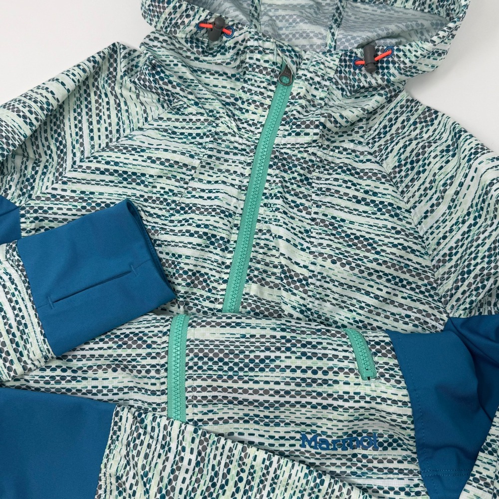 Marmot Lightweight Hooded Athletic Jacket Teal Blue White Abstract Print‎ XS